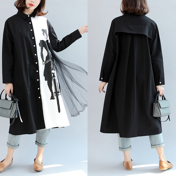 Black White Patchwork Cotton Outwear Oversize Long Sleeve Cardigans
