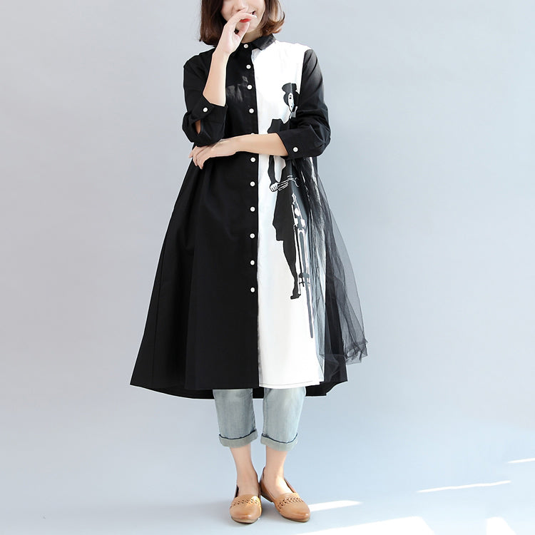 Black White Patchwork Cotton Outwear Oversize Long Sleeve Cardigans