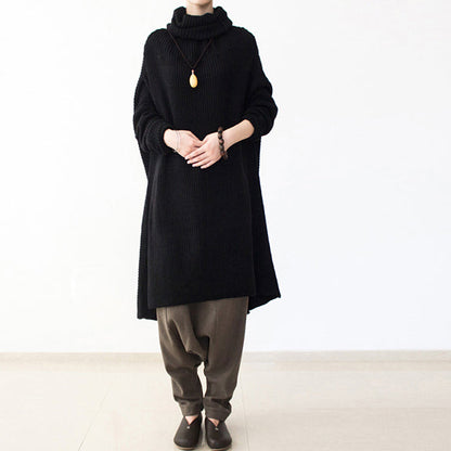 Black Winter Dresses Oversized Long Cotton Sweaters Warm Knit Dresses Turtle Neck