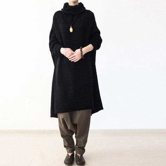 Black Winter Dresses Oversized Long Cotton Sweaters Warm Knit Dresses Turtle Neck