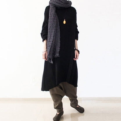 Black Winter Dresses Oversized Long Cotton Sweaters Warm Knit Dresses Turtle Neck