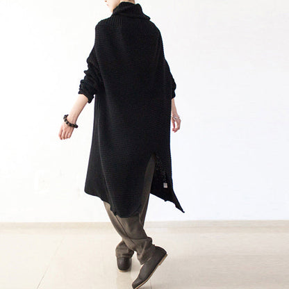 Black Winter Dresses Oversized Long Cotton Sweaters Warm Knit Dresses Turtle Neck