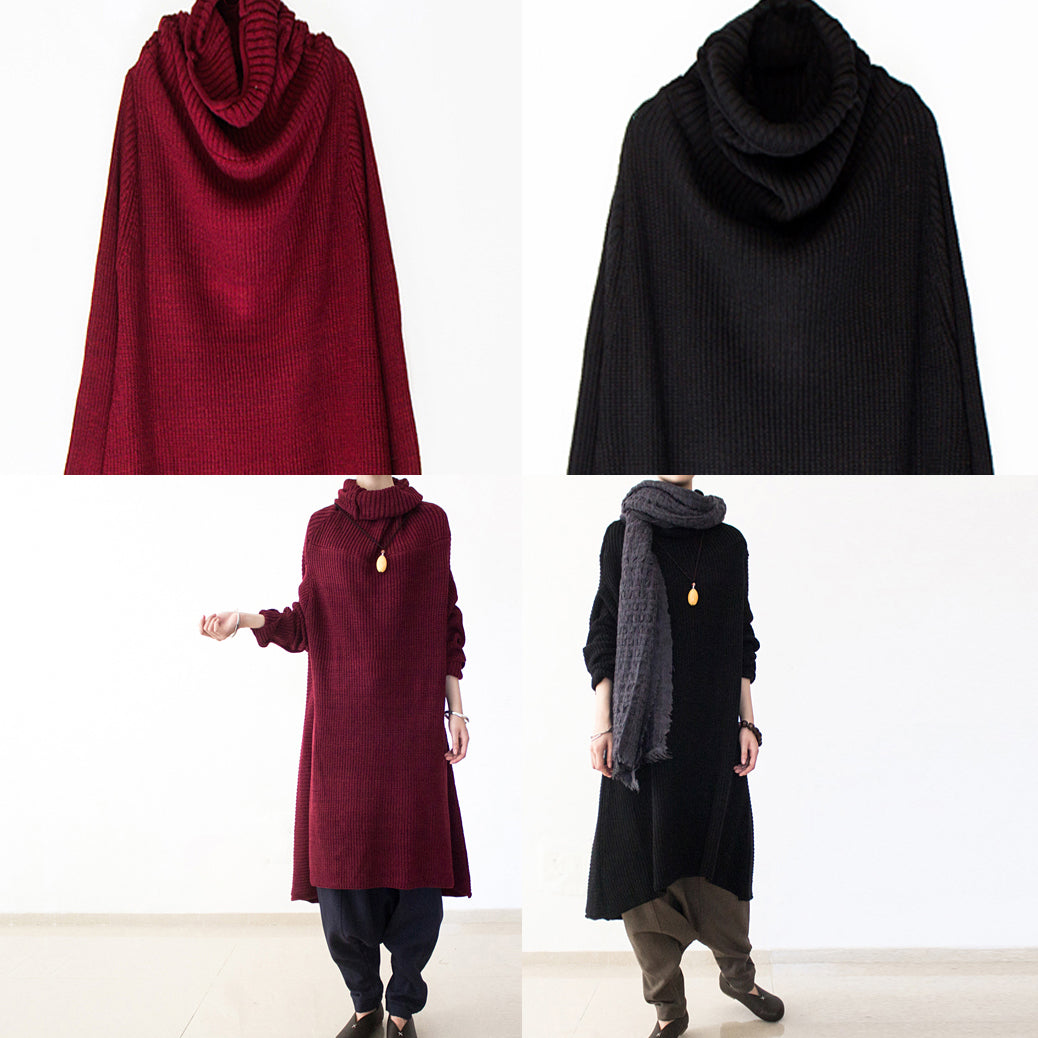 Black Winter Dresses Oversized Long Cotton Sweaters Warm Knit Dresses Turtle Neck