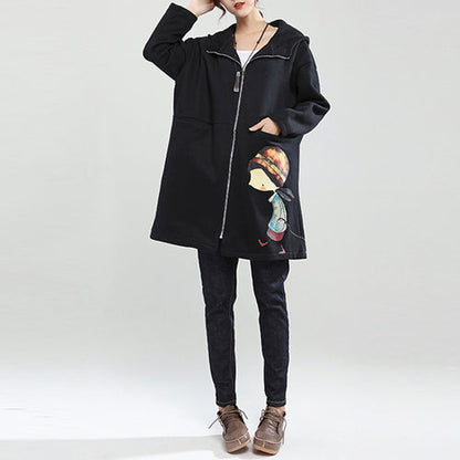 Black Winter Thick Cotton Zippered Cardigans Cartoon Prints Hooded Trench Coats