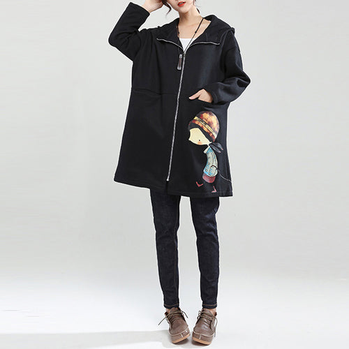 Black Winter Thick Cotton Zippered Cardigans Cartoon Prints Hooded Trench Coats