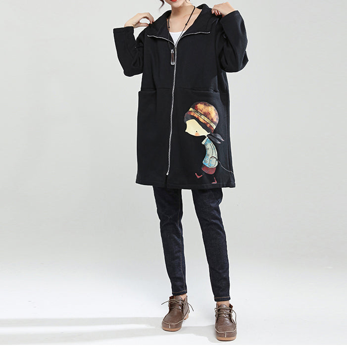Black Winter Thick Cotton Zippered Cardigans Cartoon Prints Hooded Trench Coats