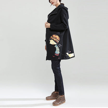 Black Winter Thick Cotton Zippered Cardigans Cartoon Prints Hooded Trench Coats