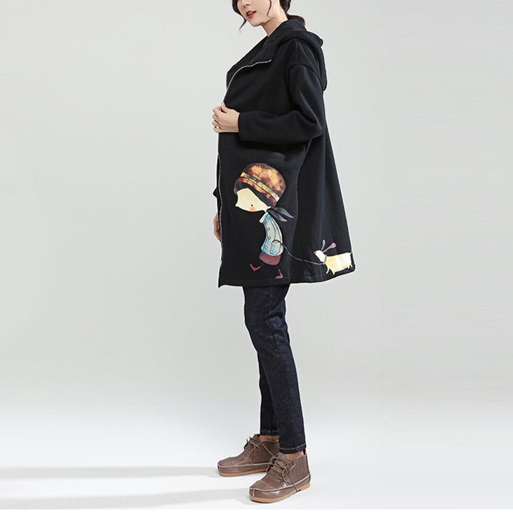 Black Winter Thick Cotton Zippered Cardigans Cartoon Prints Hooded Trench Coats