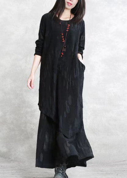 Fine Dark Gray Jacquard Pure Cotton Blended Two Pieces New Long Sleeve Pockets O Neck Asymmetrical Design and Baggy Pants