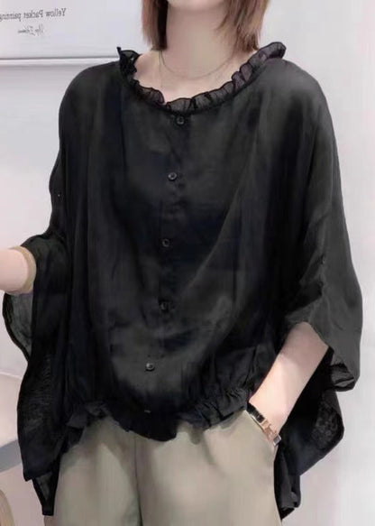 Summer Red Tops Ruffles Trim Half Sleeve Shirts Blouse