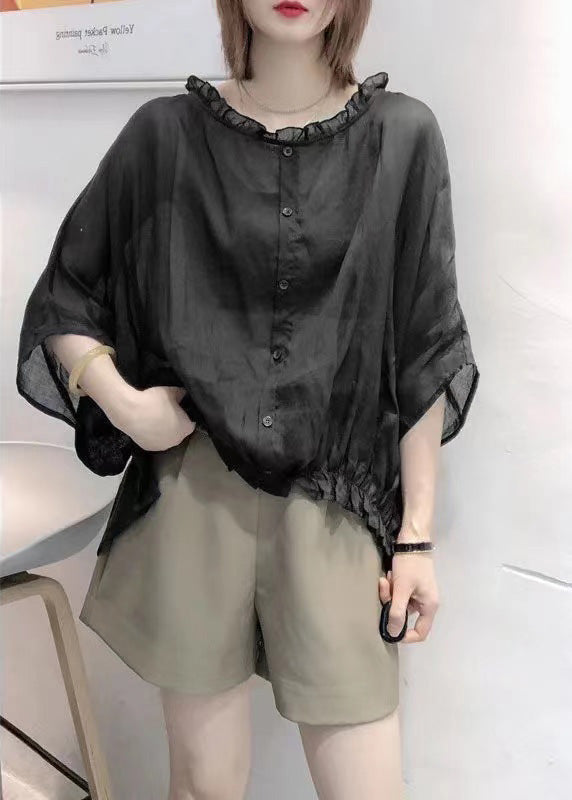 Purple Tops Ruffles Trim Half Sleeve Shirts Blouse