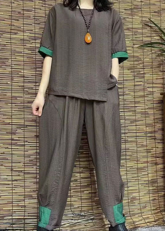 Black Cotton Linen Two Pieces O Neck Cinched Hem Tops and Harem Pants