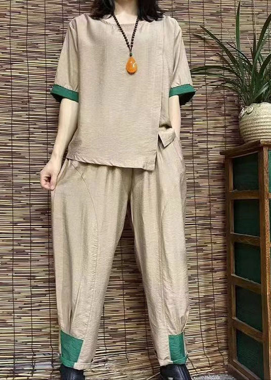 Black Cotton Linen Two Pieces O Neck Cinched Hem Tops and Harem Pants