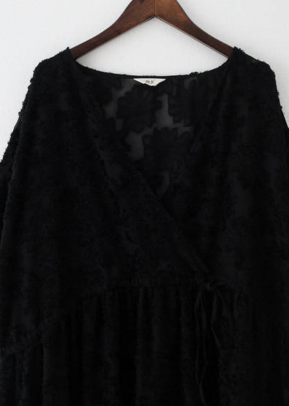 Black Cross Neck Lace Dresses Lace Caftans Tunic High Waist Design