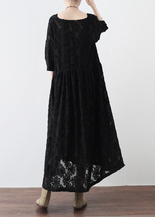Black Cross Neck Lace Dresses Lace Caftans Tunic High Waist Design