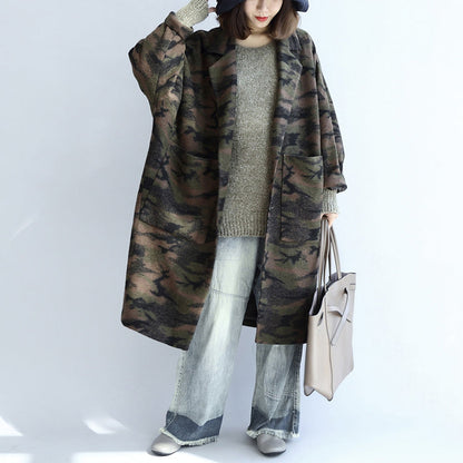 Blackish Green Camouflage Woolen Cardigans Oversize Pockets Long Sleeve Trench Coats