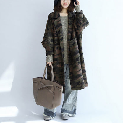 Blackish Green Camouflage Woolen Cardigans Oversize Pockets Long Sleeve Trench Coats