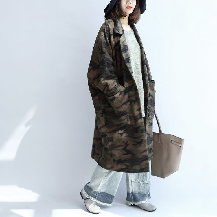 Blackish Green Camouflage Woolen Cardigans Oversize Pockets Long Sleeve Trench Coats