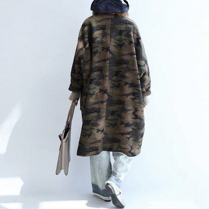 Blackish Green Camouflage Woolen Cardigans Oversize Pockets Long Sleeve Trench Coats