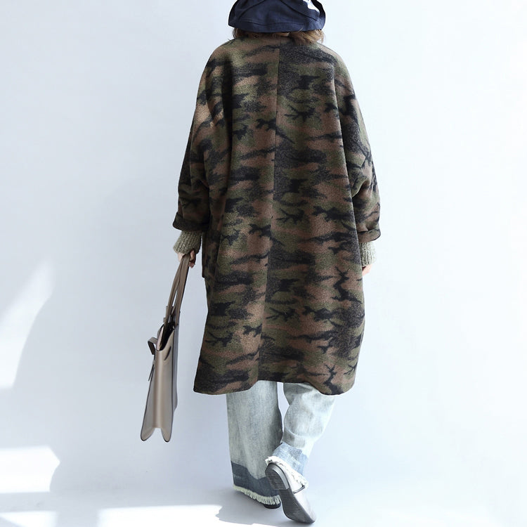 Blackish Green Camouflage Woolen Cardigans Oversize Pockets Long Sleeve Trench Coats