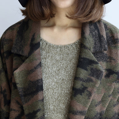 Blackish Green Camouflage Woolen Cardigans Oversize Pockets Long Sleeve Trench Coats