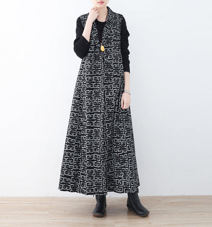 Boutique Black Cotton Polyester Coat Prints Outwear Sleeveless Maxi Coat