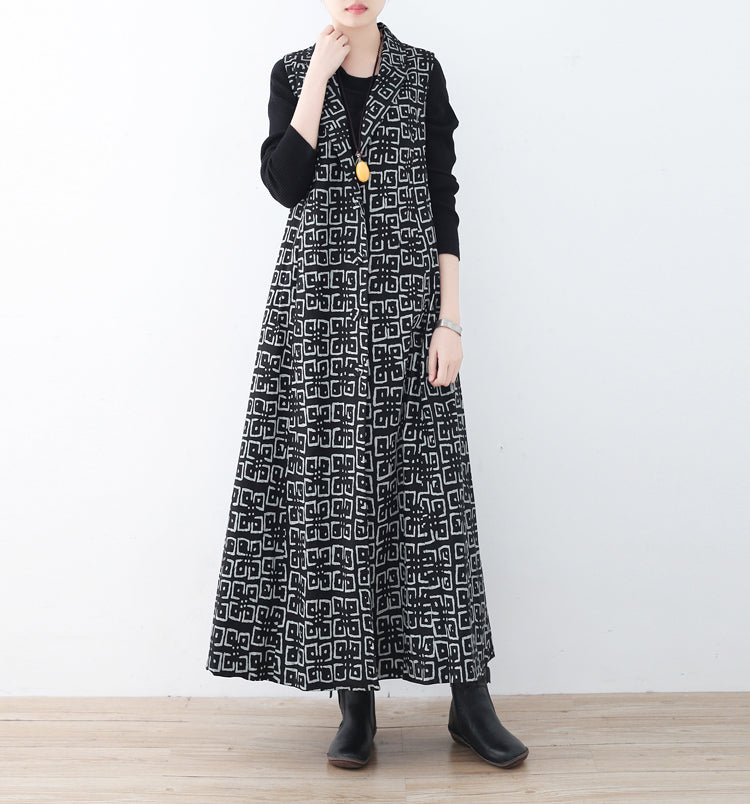 Boutique Black Cotton Polyester Coat Prints Outwear Sleeveless Maxi Coat