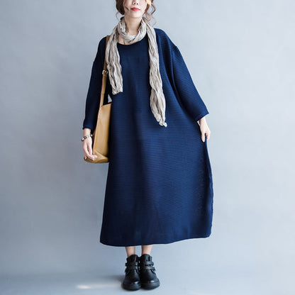 Blue Warm Knit Dresses Oversize O Neck Sweater Dress
