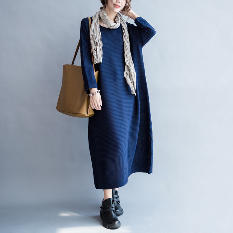 Blue Warm Knit Dresses Oversize O Neck Sweater Dress