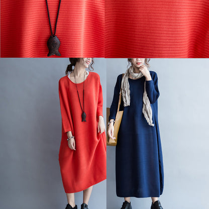 Blue Warm Knit Dresses Oversize O Neck Sweater Dress