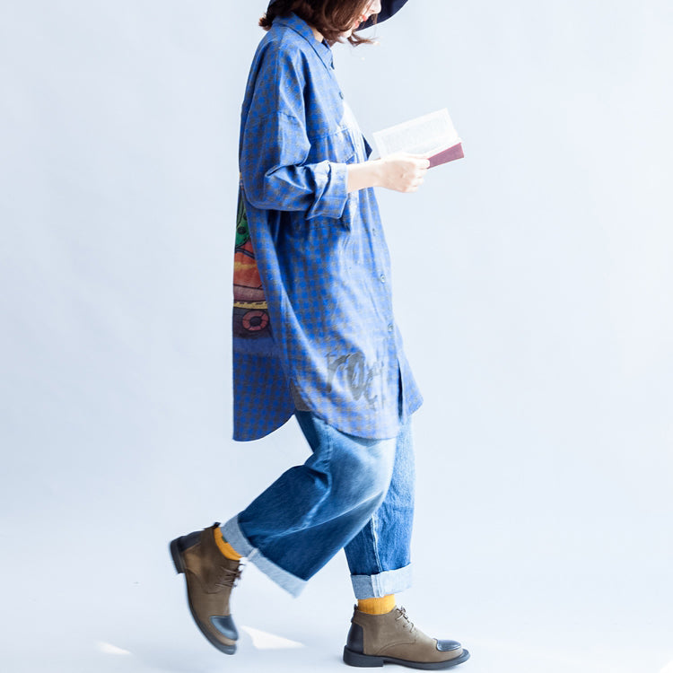 Blue Grid Prints Cotton Blouse Oversize Turn-down Collar Shirt