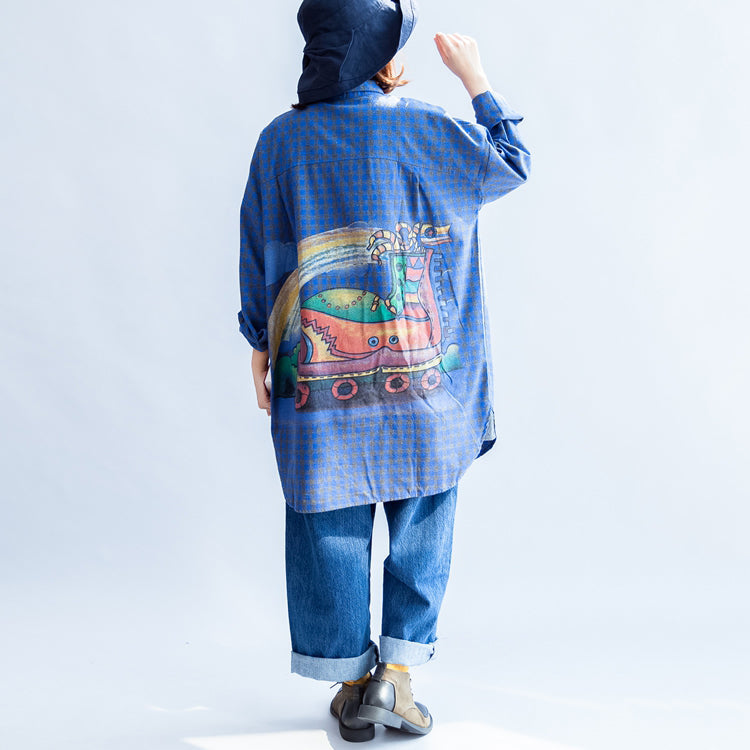 Blue Grid Prints Cotton Blouse Oversize Turn-down Collar Shirt