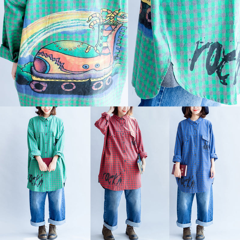 Blue Grid Prints Cotton Blouse Oversize Turn-down Collar Shirt