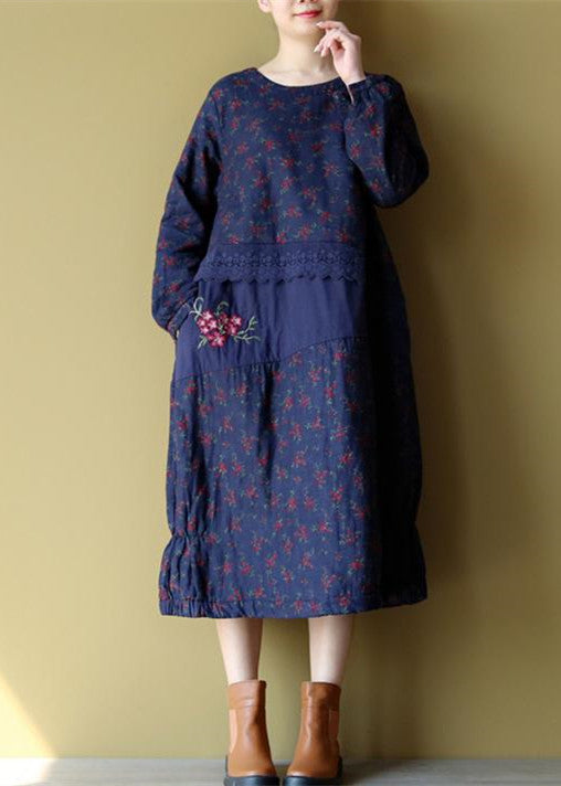 Blue Cotton Warm Dresses Embroidery Linen Long Sleeve Patchwork Dresses