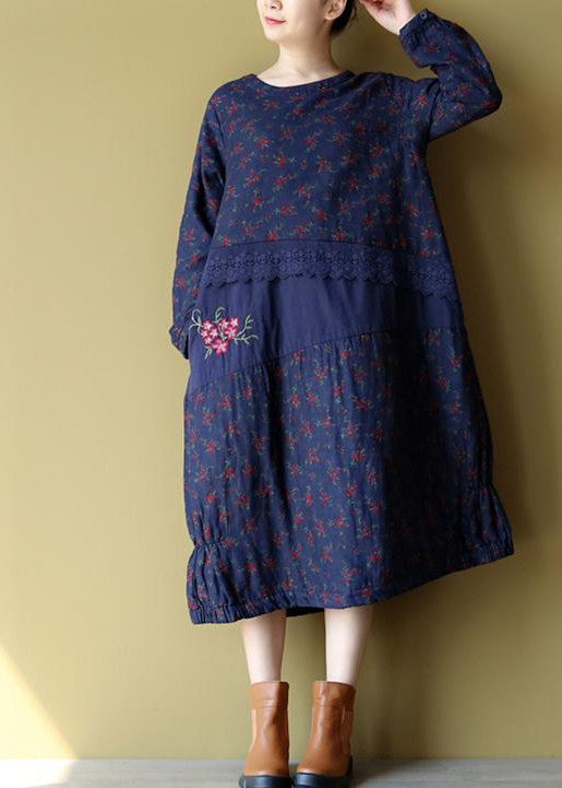 Blue Cotton Warm Dresses Embroidery Linen Long Sleeve Patchwork Dresses