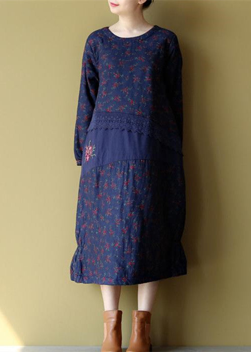 Blue Cotton Warm Dresses Embroidery Linen Long Sleeve Patchwork Dresses