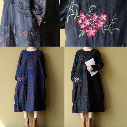 Blue Cotton Warm Dresses Embroidery Linen Long Sleeve Patchwork Dresses