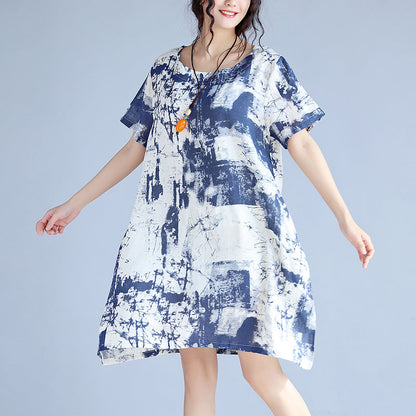 Blue Linen Knee Dress Loose Fitting Linen Clothing Dress Fine Prints O Neck Short Sleeve Linen Dresses