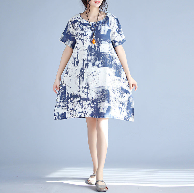 Blue Linen Knee Dress Loose Fitting Linen Clothing Dress Fine Prints O Neck Short Sleeve Linen Dresses