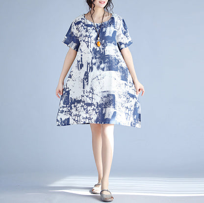Blue Linen Knee Dress Loose Fitting Linen Clothing Dress Fine Prints O Neck Short Sleeve Linen Dresses