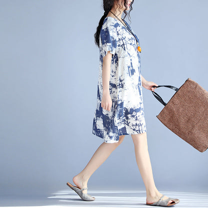 Blue Linen Knee Dress Loose Fitting Linen Clothing Dress Fine Prints O Neck Short Sleeve Linen Dresses