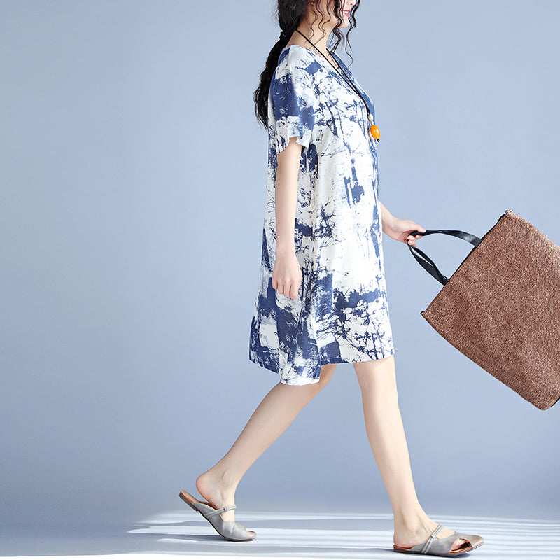 Blue Linen Knee Dress Loose Fitting Linen Clothing Dress Fine Prints O Neck Short Sleeve Linen Dresses