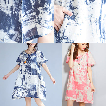 Blue Linen Knee Dress Loose Fitting Linen Clothing Dress Fine Prints O Neck Short Sleeve Linen Dresses