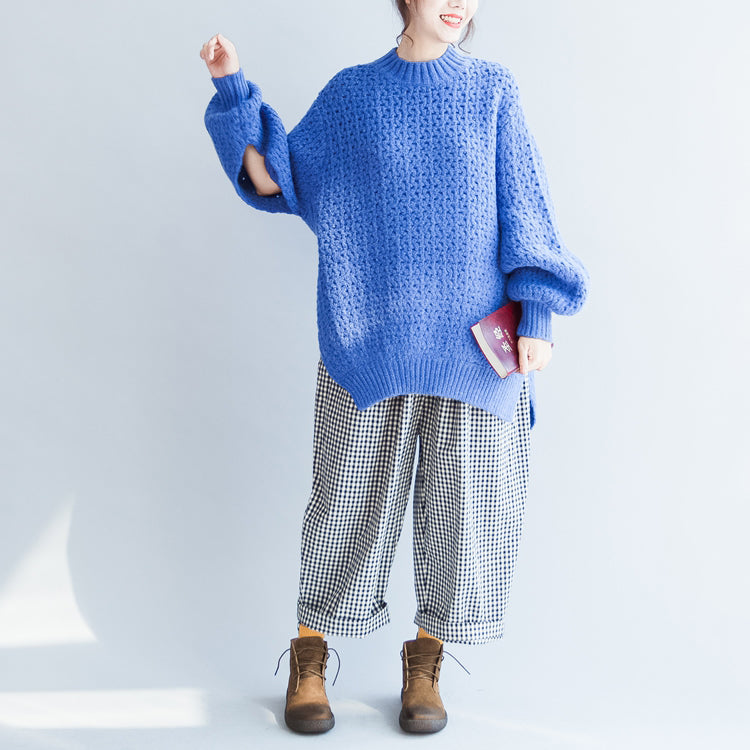 Blue Stylish Cotton Knit Tops Oversize Autumn Warm Sweater