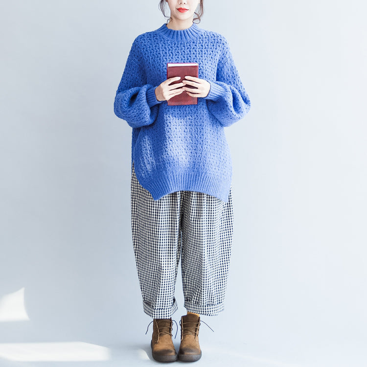 Blue Stylish Cotton Knit Tops Oversize Autumn Warm Sweater