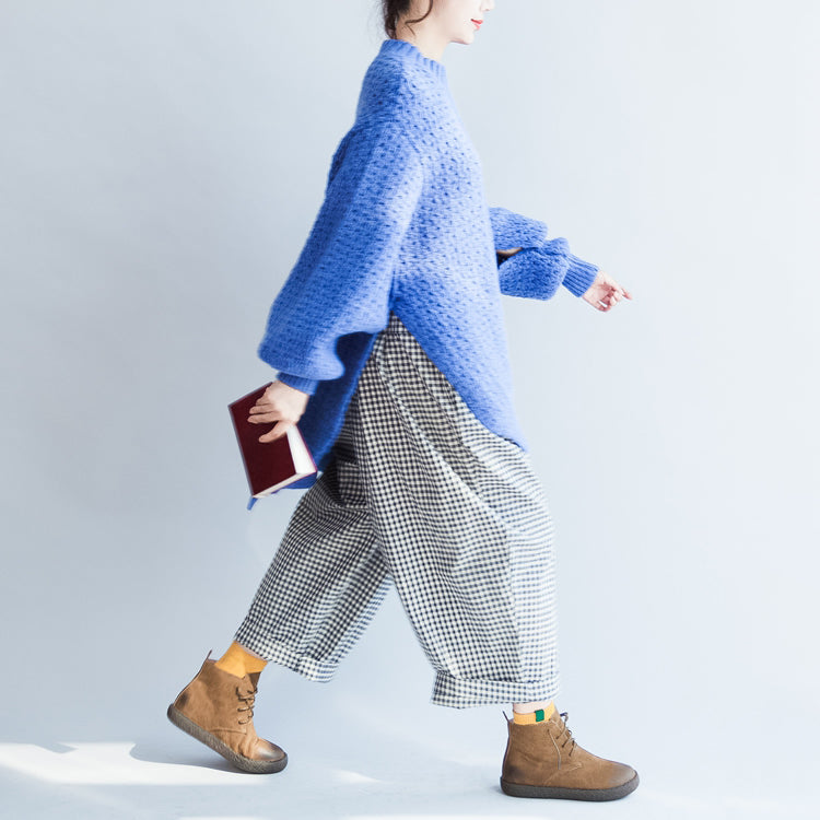 Blue Stylish Cotton Knit Tops Oversize Autumn Warm Sweater