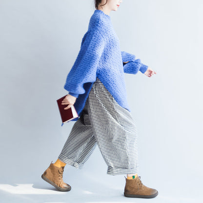 Blue Stylish Cotton Knit Tops Oversize Autumn Warm Sweater