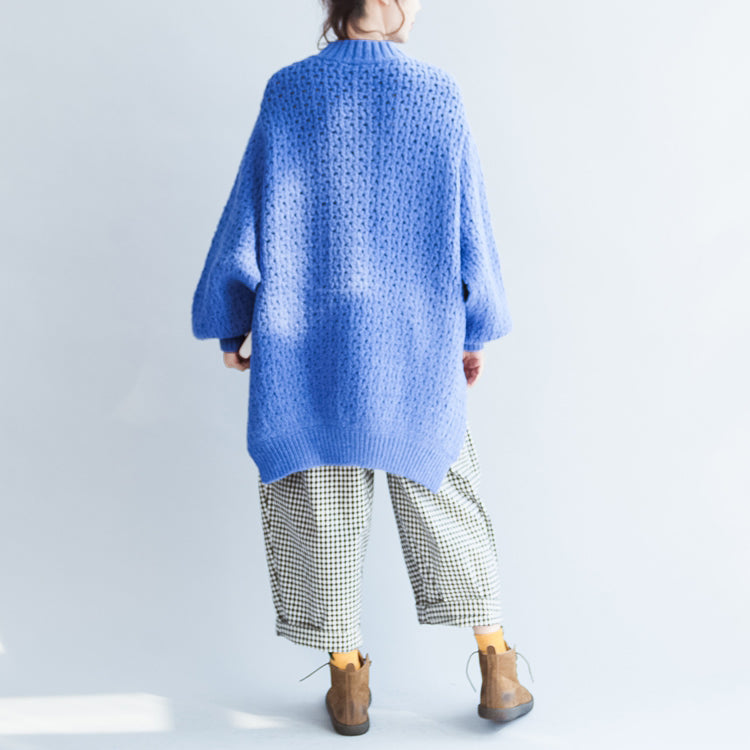 Blue Stylish Cotton Knit Tops Oversize Autumn Warm Sweater