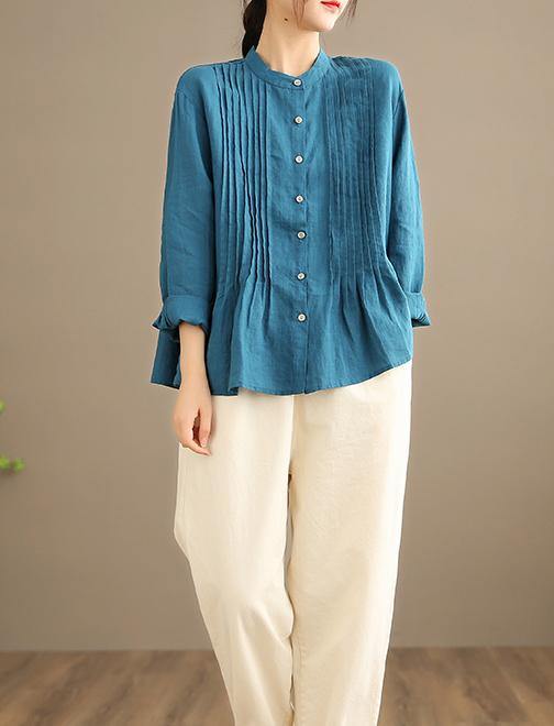 Organic White-flower Linen Shirt Tunics Women Ramie Blouse