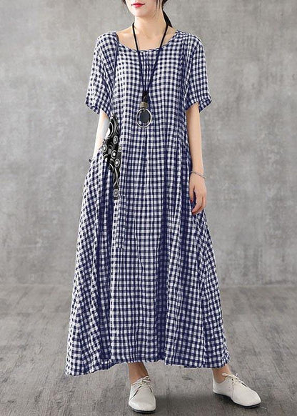 Red Plaid Linen Dresses Summer Long Cotton Dress Maxi Gown